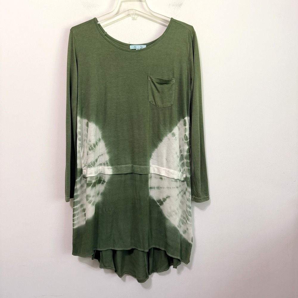 She + Sky Tie Dye Sharkbite Pocket Tunic M Mini Dress? Green Stretch Knit NEW